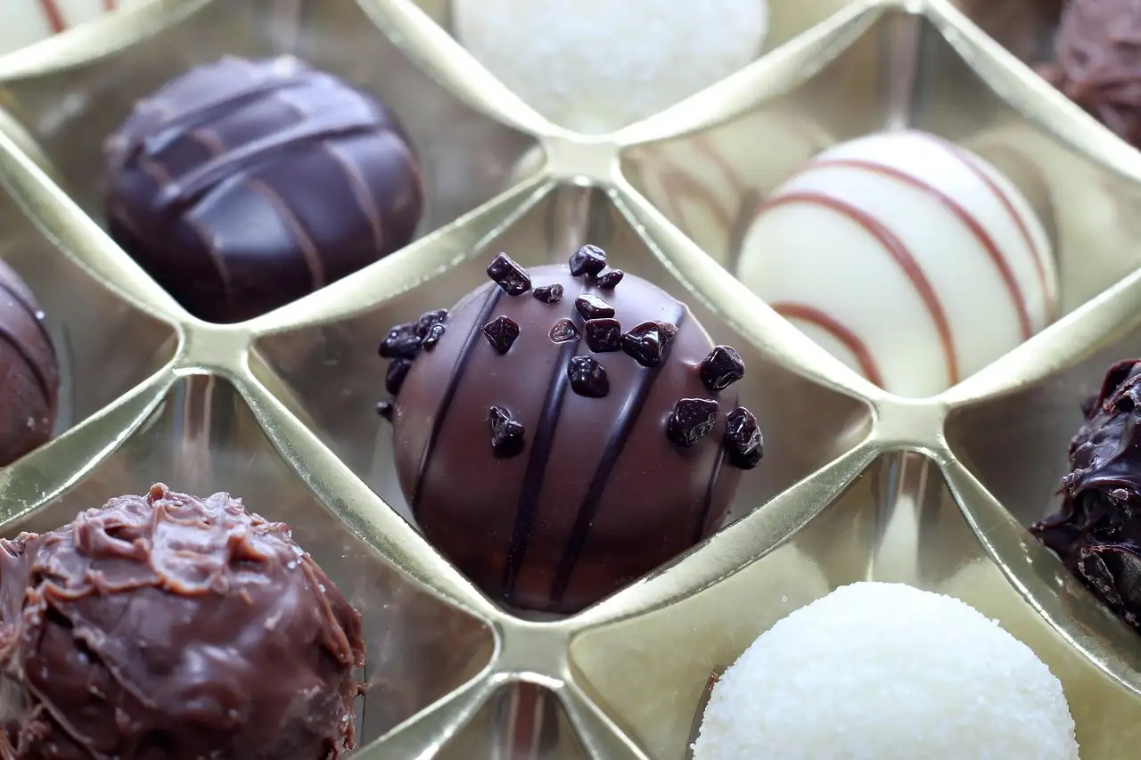 Chocolate pralines and truffles in a clear tray