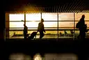 Silhouettes of travellers with luggage walking past large windows in an airport terminal at sunset