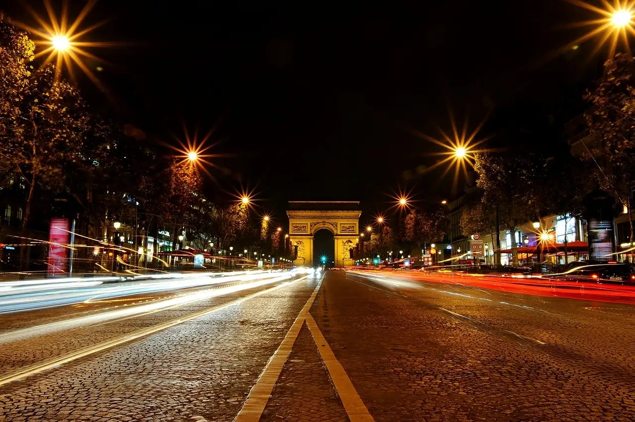 The Champs-Élysées at night with light trails leading to the Arc de Triomphe