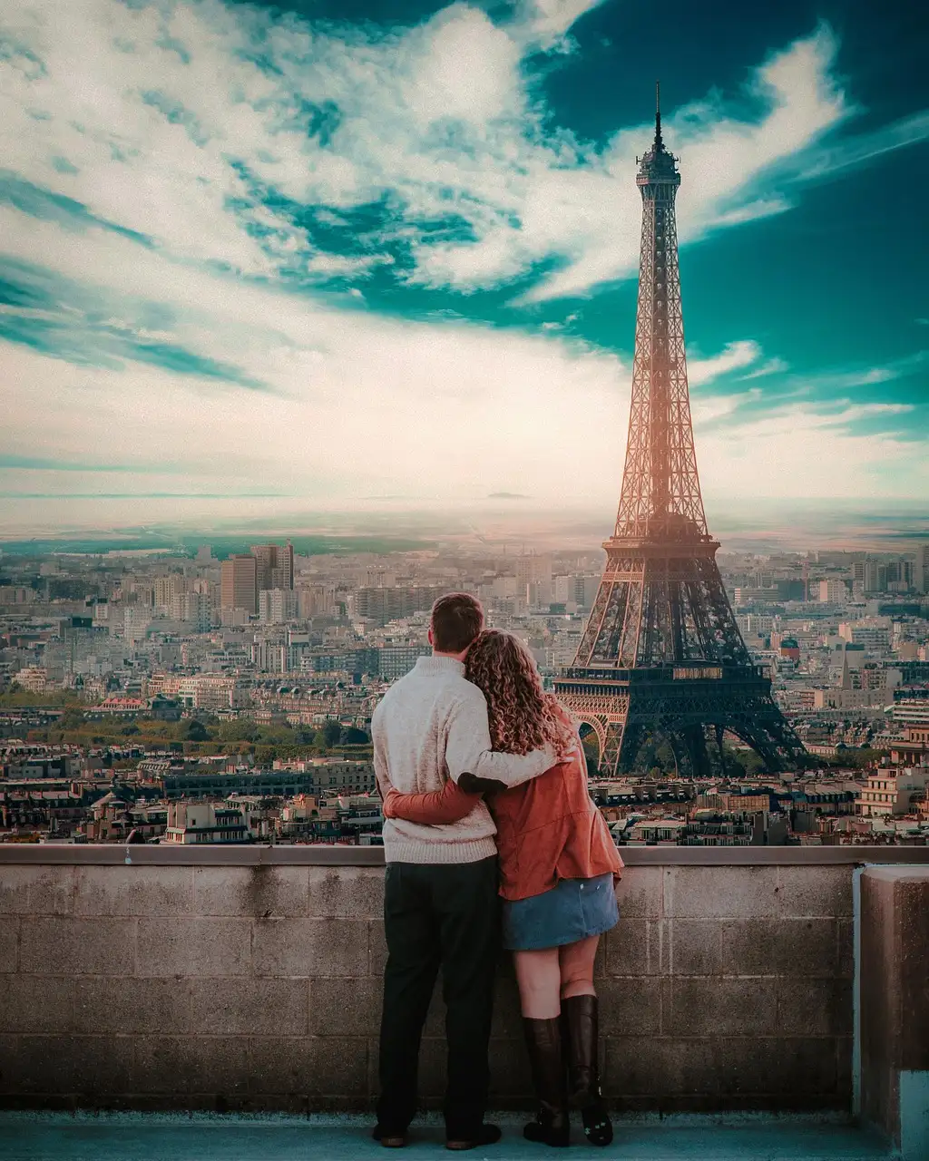 A couple arm in arm at a viewpoint above Paris, facing the Eiffel Tower