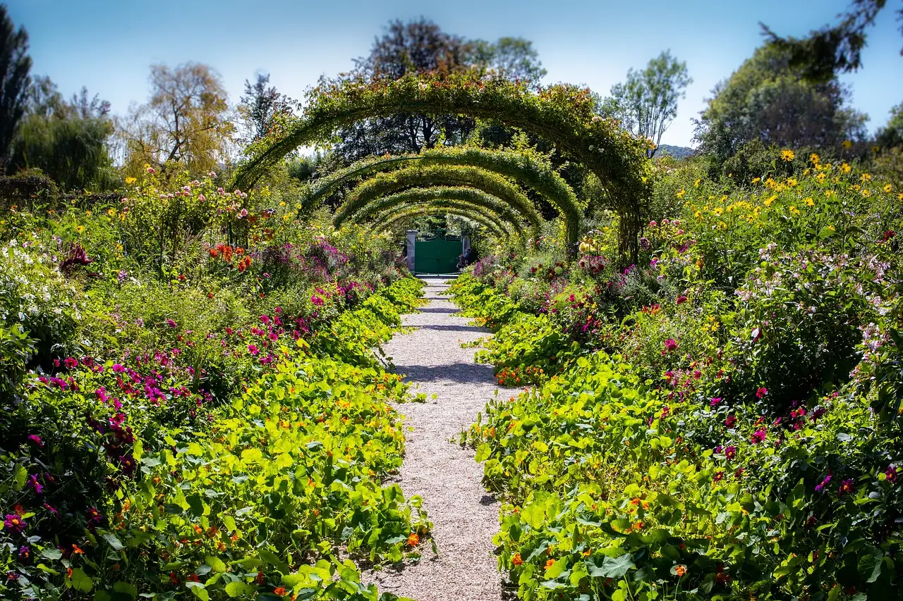 The flower-covered arches over the main path in Monet's garden at Giverny