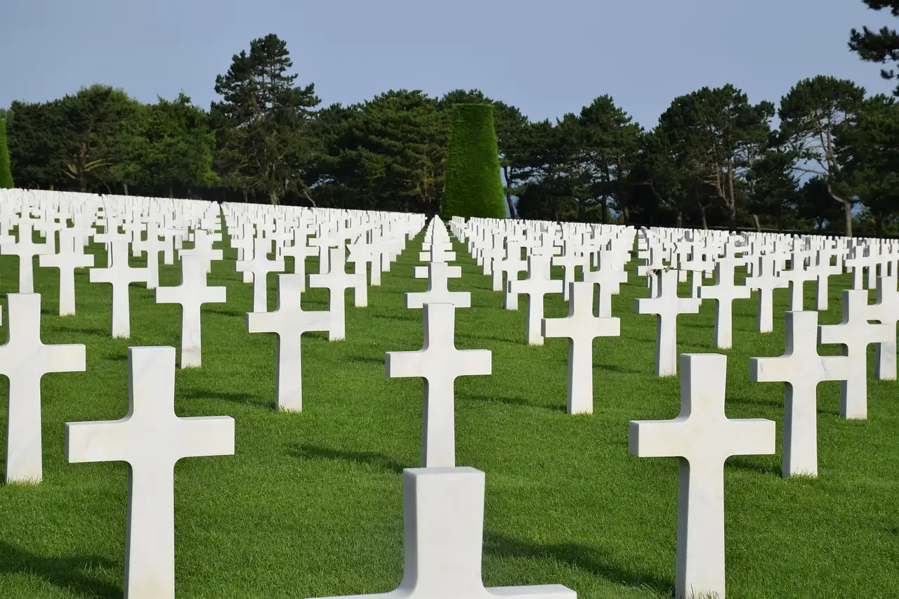 Rows of white marble crosses at the Normandy American Cemetery
