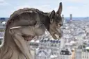 A stone gargoyle of Notre-Dame looking over the rooftops of Paris