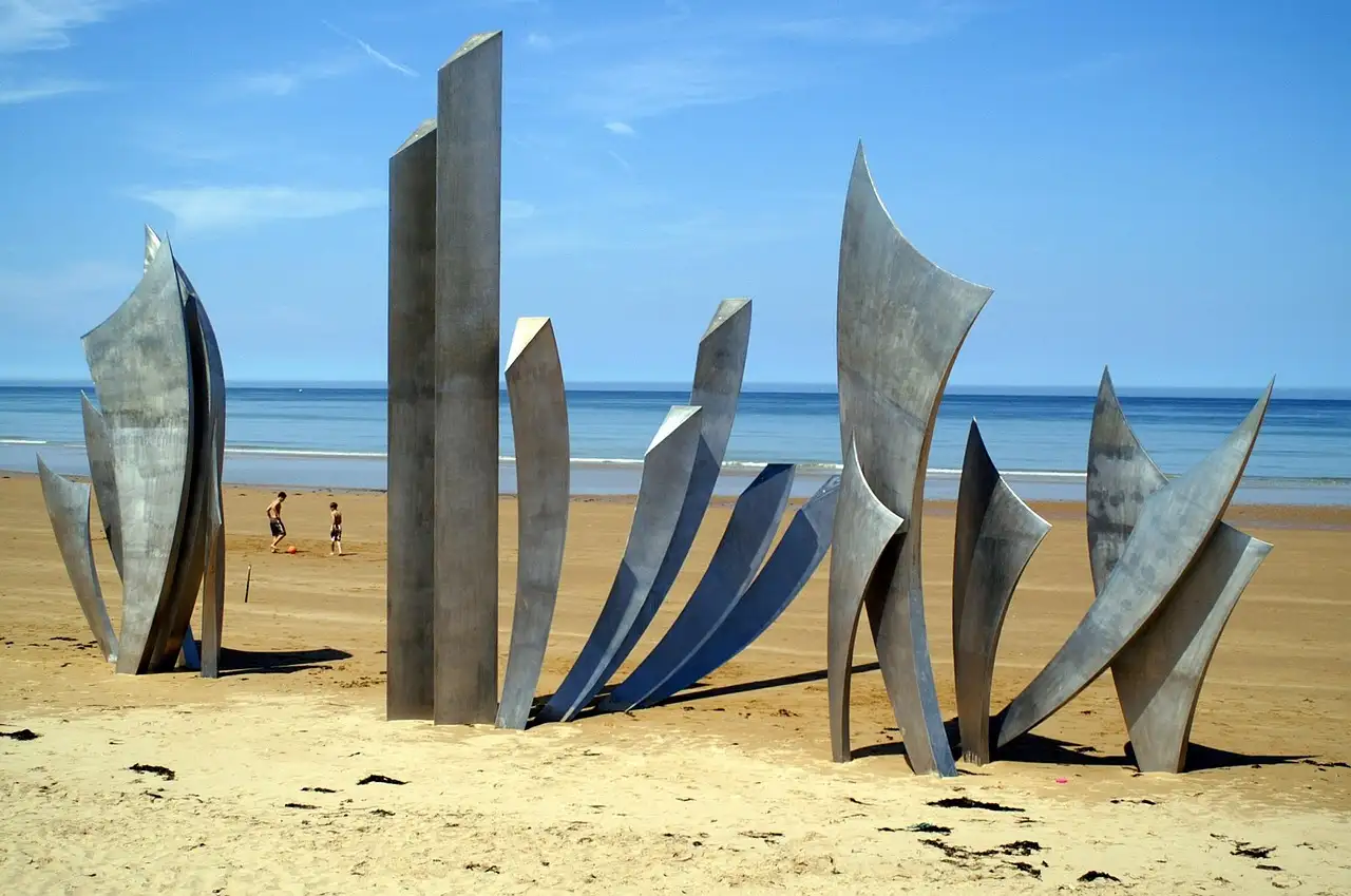 The steel Les Braves memorial on the sand of Omaha Beach, Normandy