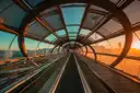 A glass-roofed airport walkway with a moving walkway lit by evening sun