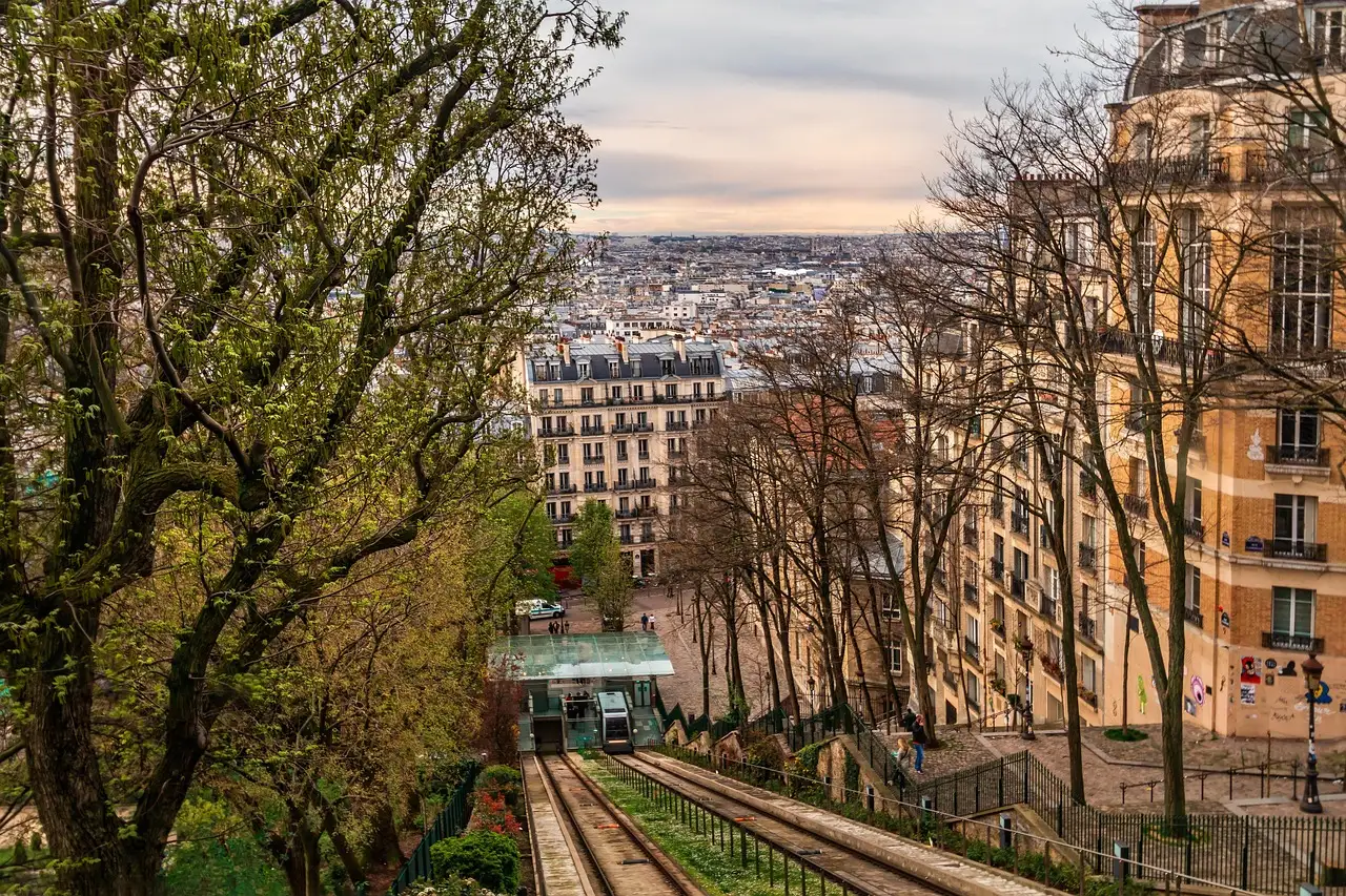 A Montmartre hillside with bare trees, the funicular tracks and Paris rooftops beyond