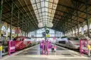 Trains standing under the iron and glass roof of the Gare du Nord hall in Paris