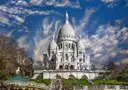 The Sacré-Cœur basilica under wispy clouds, a carousel at the foot of the hill