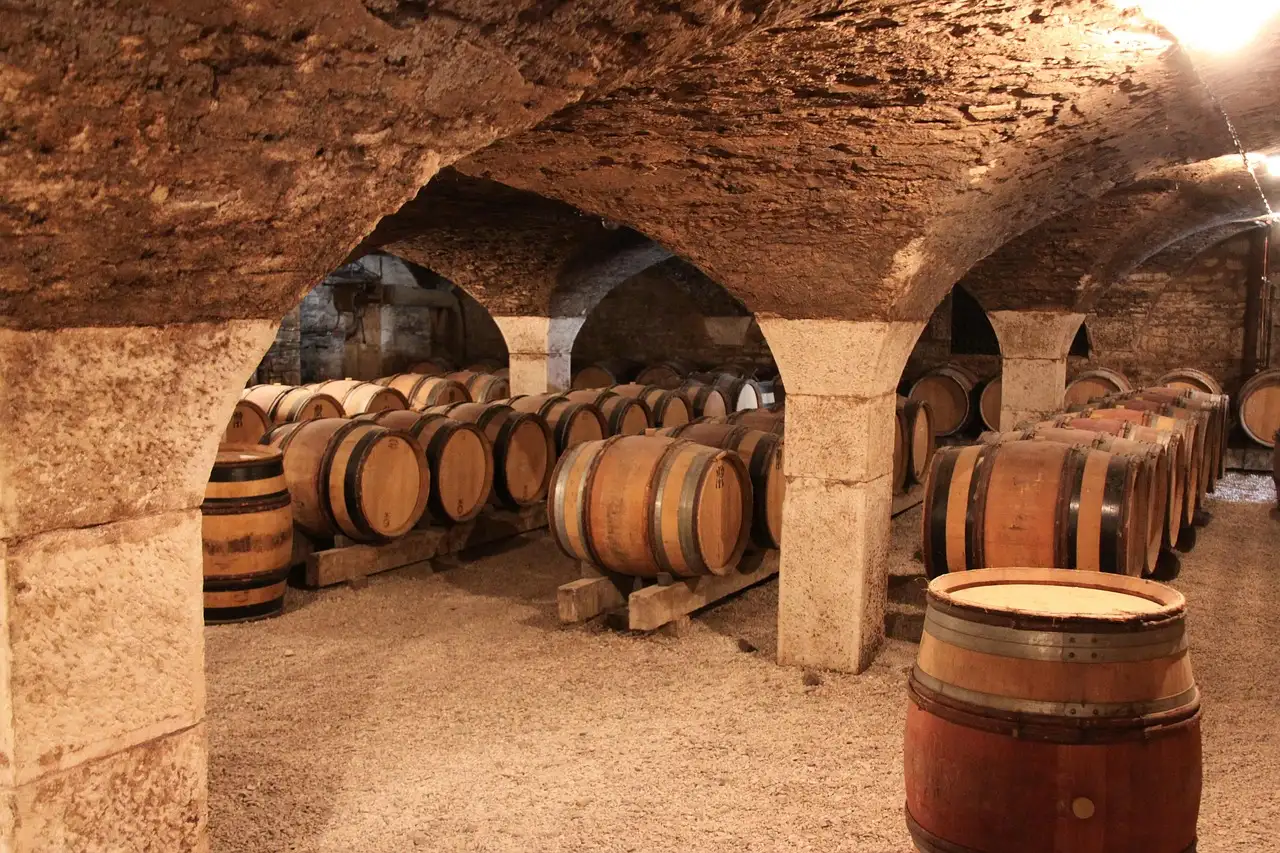 Oak wine barrels under the stone vaults of an old wine cellar
