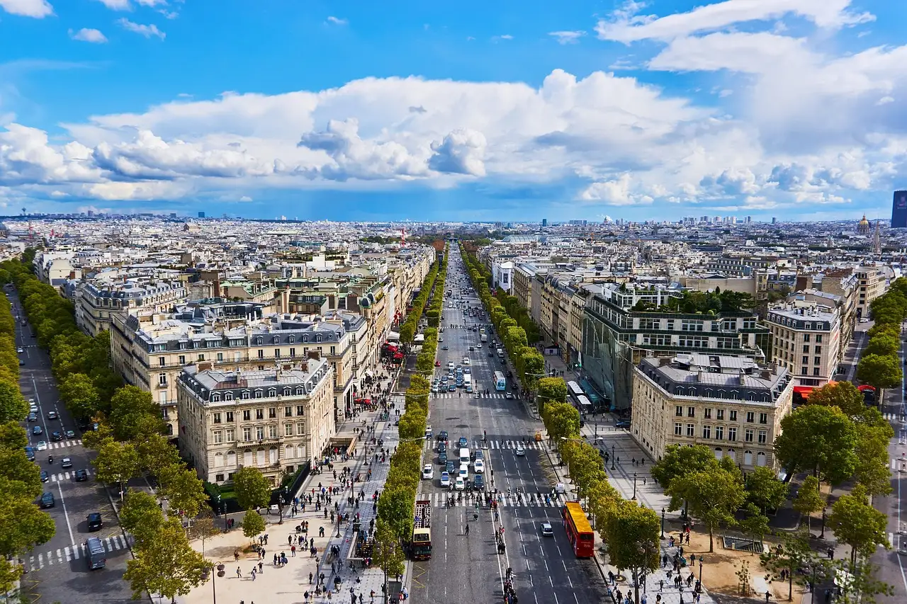 View from the top of the Arc de Triomphe down the tree-lined Champs-Élysées