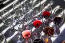 Rows of tasting glasses with red, white and rosé wine